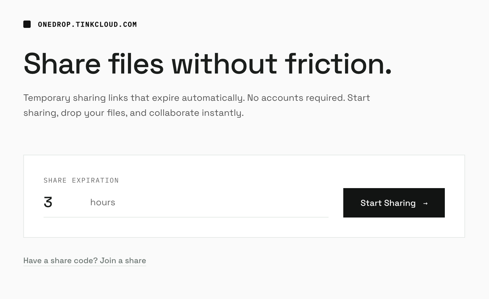 A screenshot of Onedrop's clean and minimalist interface, showing the code entry screen with a simple design focused on utility.